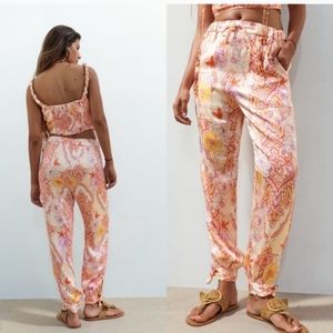 ZARA Floral Printed High Waisted Tie Ankle Pants